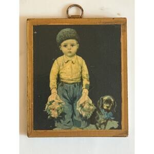 Vtg Dutch Childrens Tile Wood brass hook Prints 40's 50's 60's art 3.6” x 4.5”